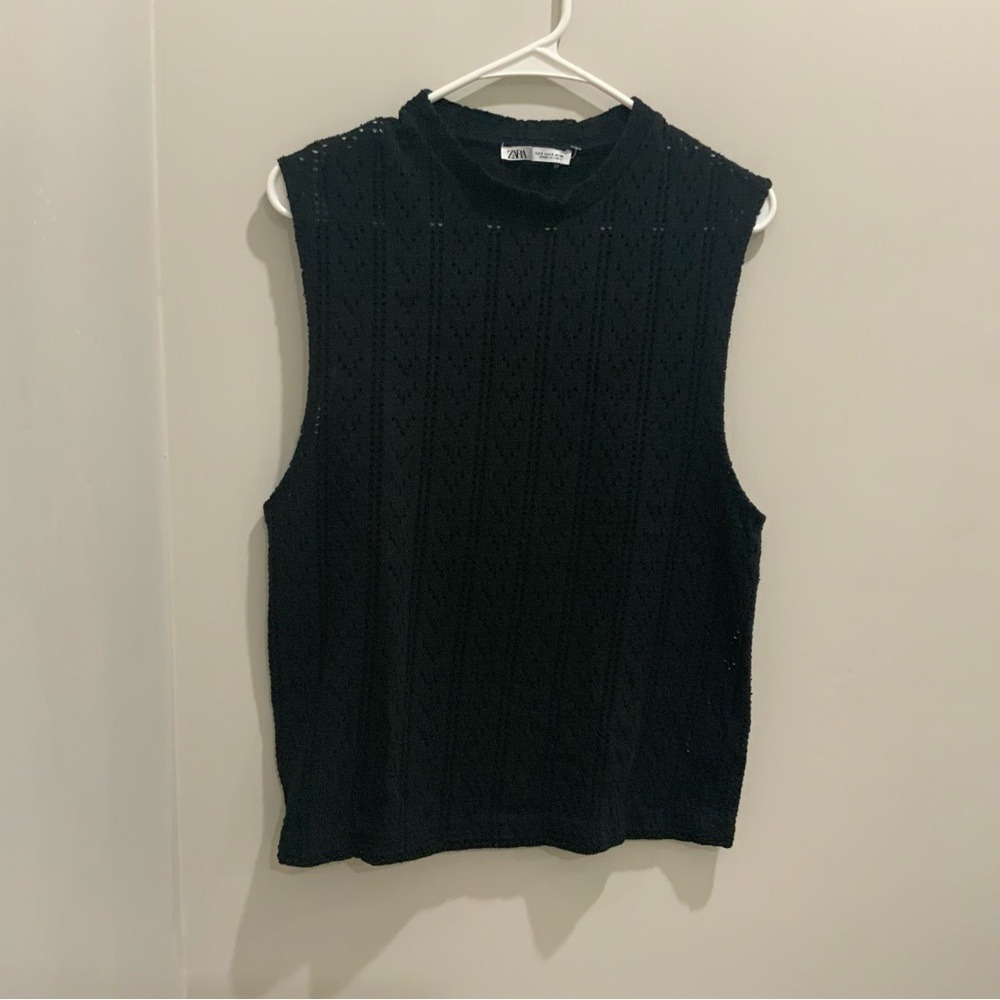 Zara Black Pointelle Eyelet Knit Sleeveless Shell Top Small